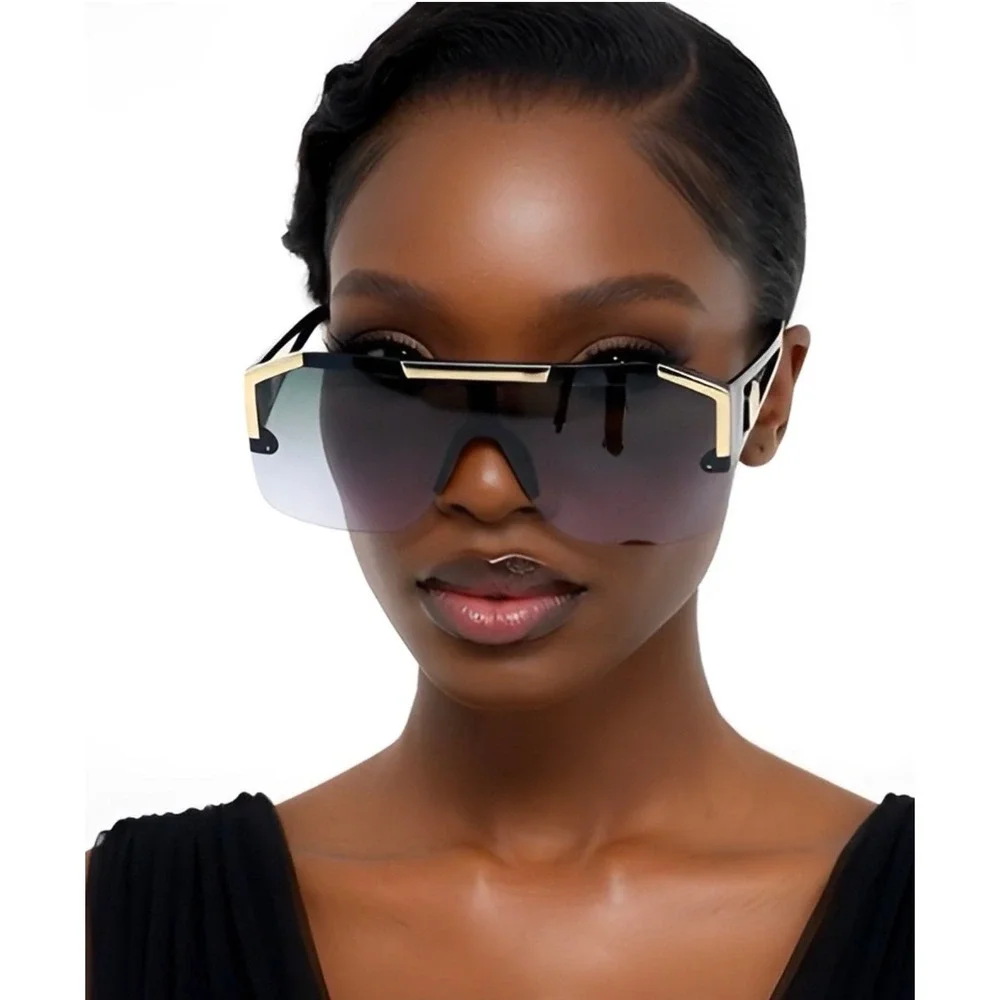 Shield Sunglasses Gold Top Metal Bar Trim Rimless Oversized Shadades Square‎ New